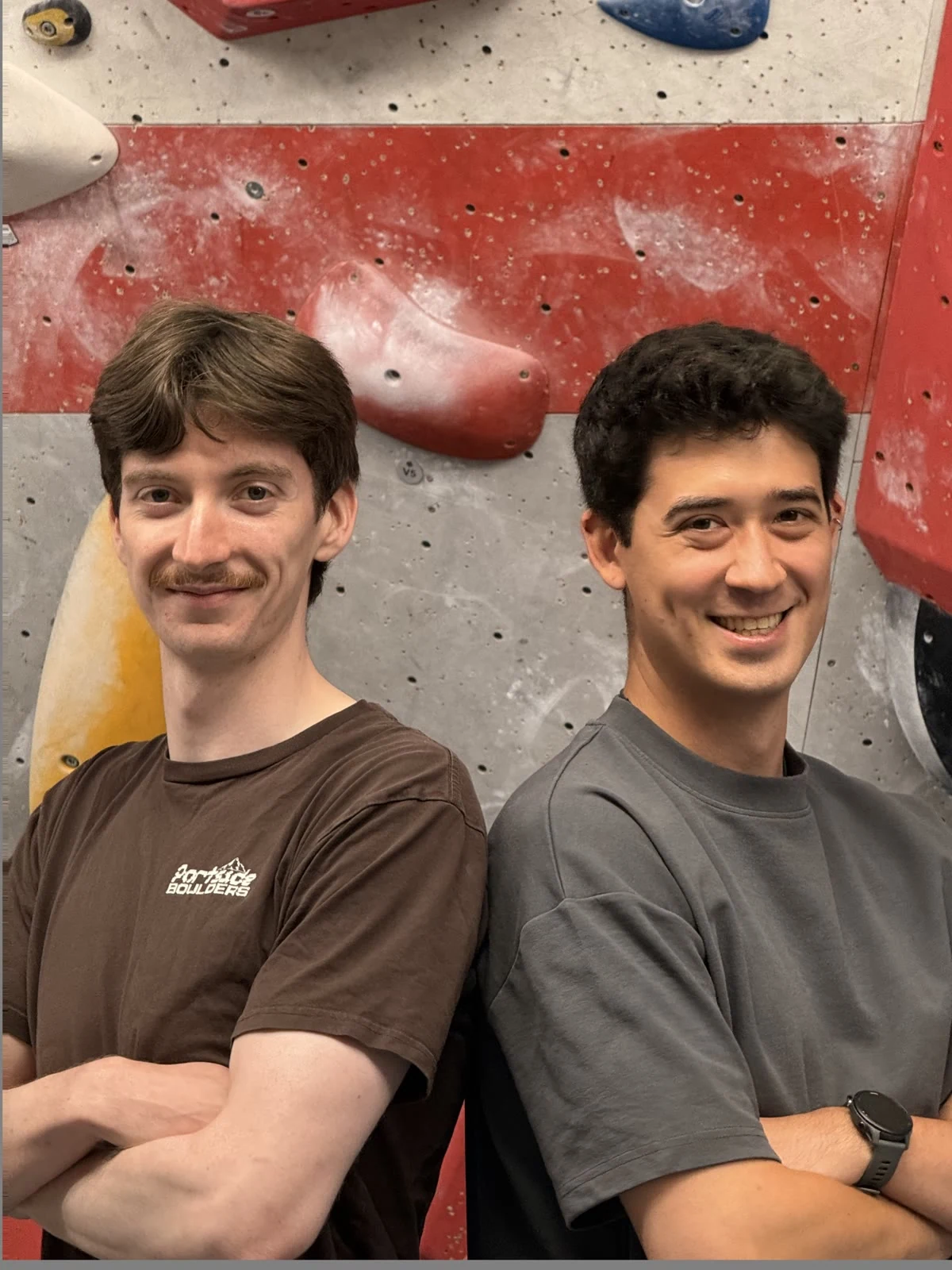 Matt D and Matt H, the two physiotherapists behind Beta Physio, at a climbing gym